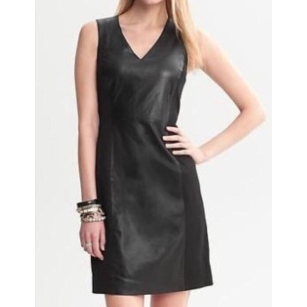 Banana Republic‎ Leather Panel Stretch V Neck Dress Size 8